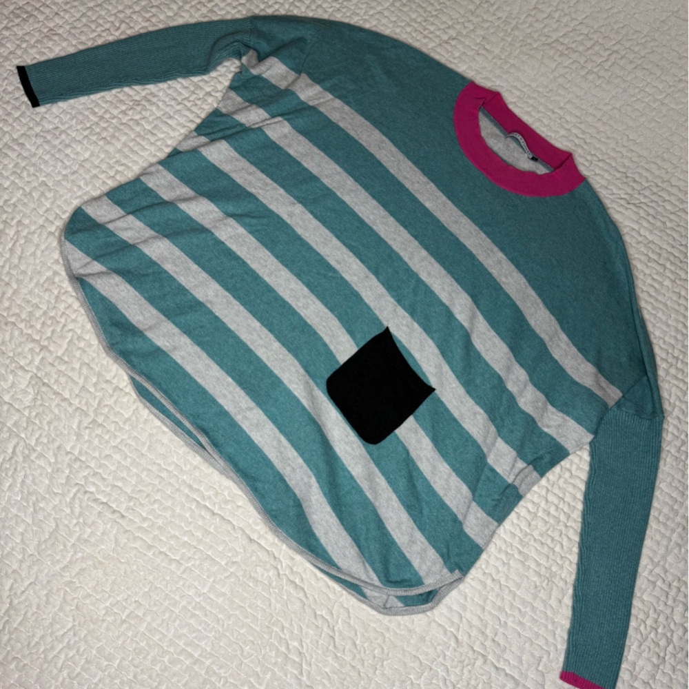 Cashmere blend Striped Teal and Gray Sweater with Pink Accents